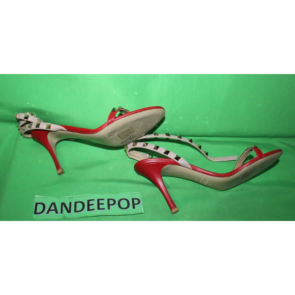 Valentino Garavani Gold Rockstud Red Calfskin Leather Sandal Heels Size 37 - Picture 11 of 11